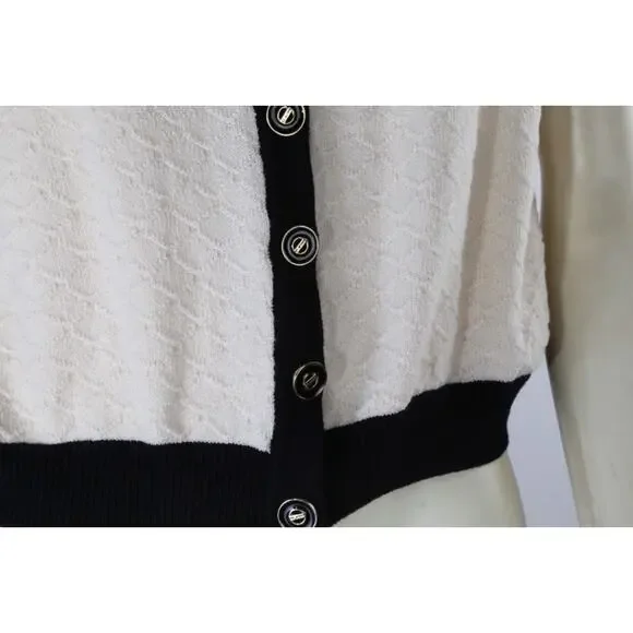 Vintage St. John Collection Knit Cardigan Ivory Black Trim Short Sleeve Size 6 - Picture 5 of 16